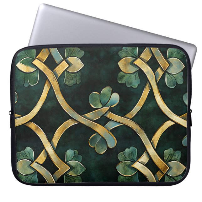 GROEN EN GOUD IERSE KELTISCHE KNOPEN EN SHAMROCKS LAPTOP SLEEVE (Voorkant)