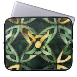 GROEN EN GOUD IERSE KELTISCHE KNOPEN EN SHAMROCKS LAPTOP SLEEVE