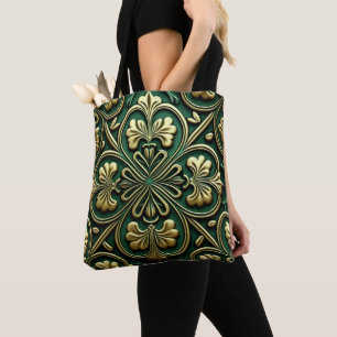 GROEN EN GOUD IERSE KELTISCHE KNOPEN TOTE BAG