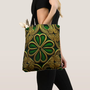 GROEN EN GOUD IERSE KELTISCHE KNOPEN TOTE BAG