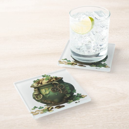 GROEN EN GOUD IRISH POT VAN SCHAMROCKS EN VINES GLAZEN ONDERZETTER (Schuin)