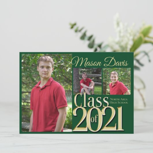 Groen en Goud Klasse van 2021 Foto Afstuderen Kaart (Staand voorkant)