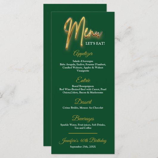 Groen en Goud Menu 3d Goud Tekst Minimalistisch On (Voorkant / Achterkant)