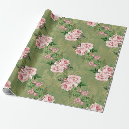 Groen en goud met roze rozen cadeaupapier