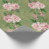 Groen en goud met roze rozen cadeaupapier (Hoek)