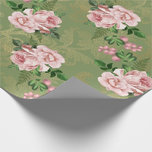 Groen en goud met roze rozen cadeaupapier (Hoek)