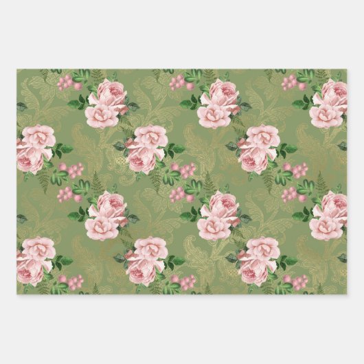 Groen en goud met roze rozen inpakpapier vel (Voorkant 2)