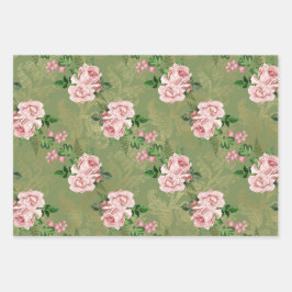 Groen en goud met roze rozen inpakpapier vel
