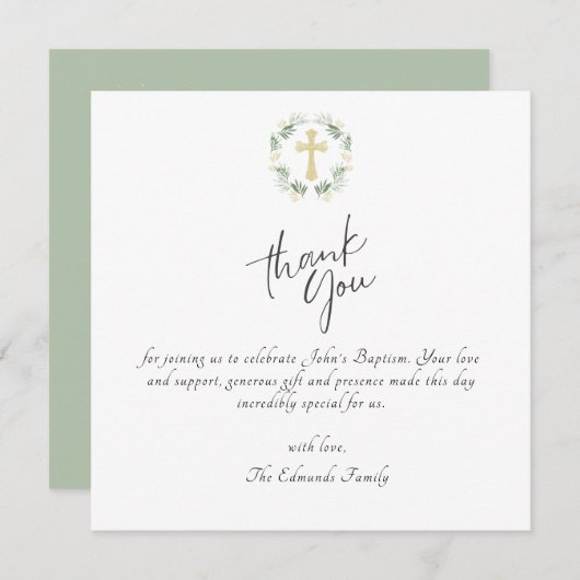 Groen en goud minimalistische doop bedankkaart (Voorkant / Achterkant)