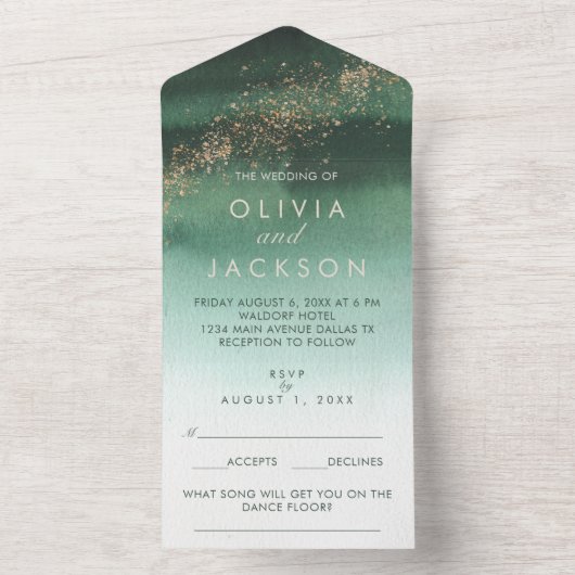 Groen en goud Modern Waterverf Ombre Wedding All In One Uitnodiging (Binnen)