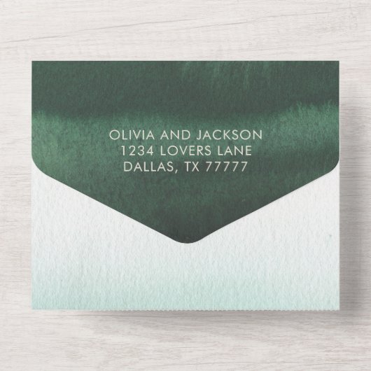 Groen en goud Modern Waterverf Ombre Wedding All In One Uitnodiging (Achterkant)