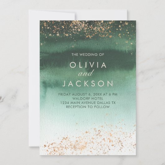 Groen en goud Modern Waterverf Ombre Wedding Kaart (Voorkant)