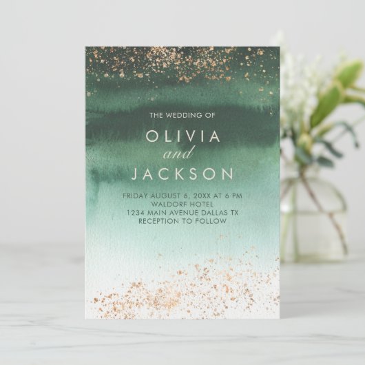 Groen en goud Modern Waterverf Ombre Wedding Kaart (Staand voorkant)
