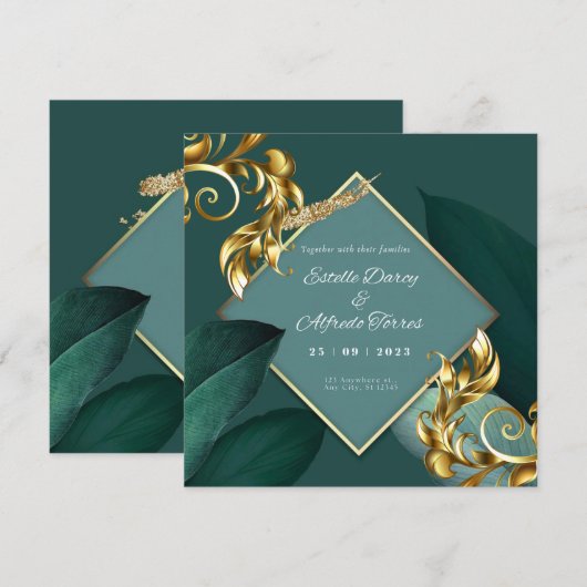 Groen en Goud Moderne Virtuele Huwelijksuitnodigin Kaart (Voorkant / Achterkant)