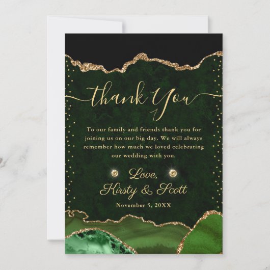 Groen en Goud Nep Glitter Agate Bruiloft Bedankkaart (Voorkant)