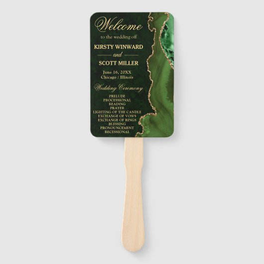 Groen en Goud Nep Glitter Agate Huwelijksprogramma Handwaaier (Voorkant)