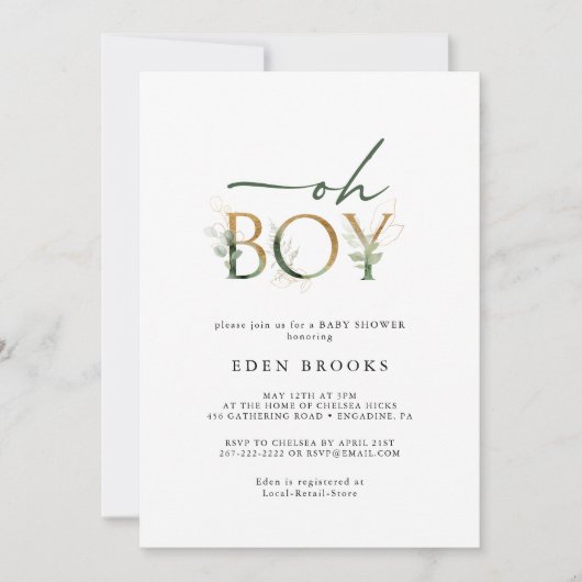 Groen en Goud Oh Boy Baby shower Uitnodiging (Voorkant)