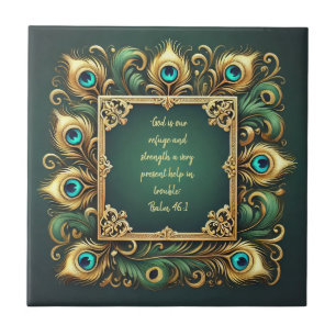 Groen en goud Pauw Frame Bijbelverzen  Tegeltje