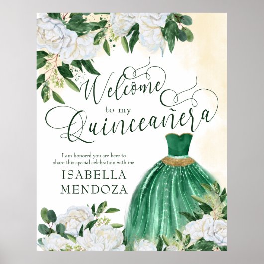 Groen en Goud Prinses Gown Quinceanera Welkom Poster (Voorkant)