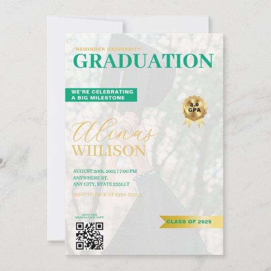 Groen en Goud QR Code Magazine Foto afstuderen Kaart (Voorkant)