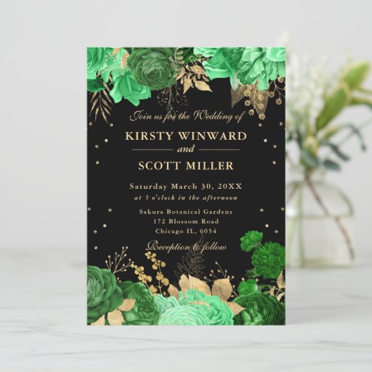 Groen en Goud Rozen Grens Bloemen Huwelijk Kaart (Staand voorkant)