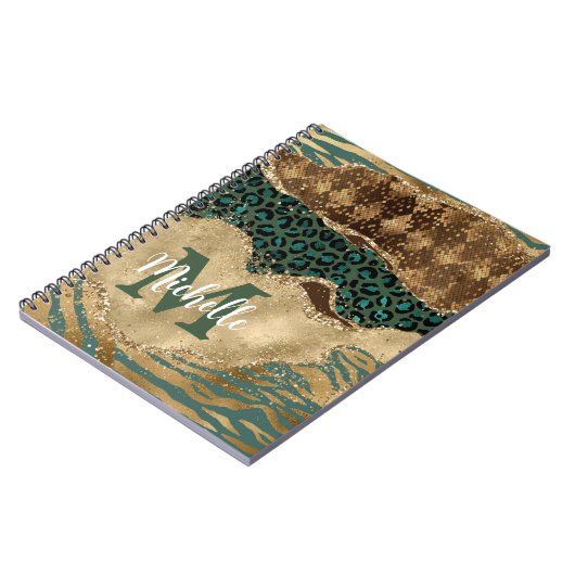 Groen en goud Safari Animal Glitter Agate Monogram Notitieboek (Linkerzijde)