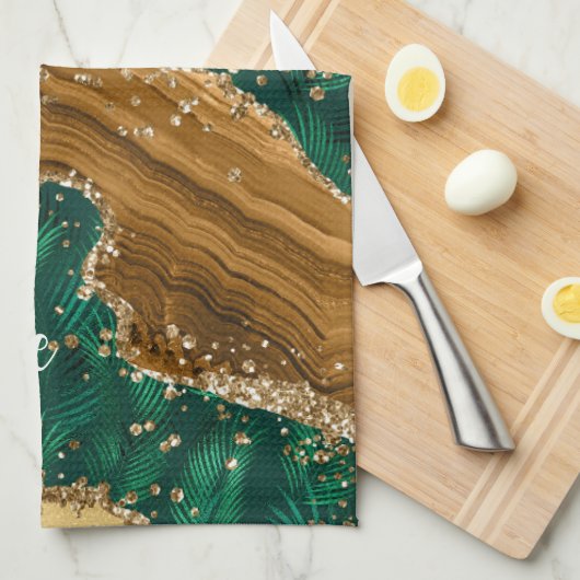 Groen en goud Safari Animal Glitter Agate Monogram Theedoek (Quarter Fold)