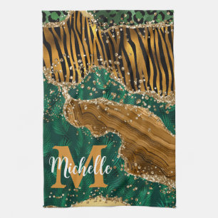 Groen en goud Safari Animal Glitter Agate Monogram Theedoek