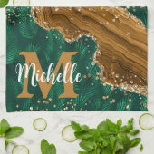 Groen en goud Safari Animal Glitter Agate Monogram Theedoek (Gevouwen)