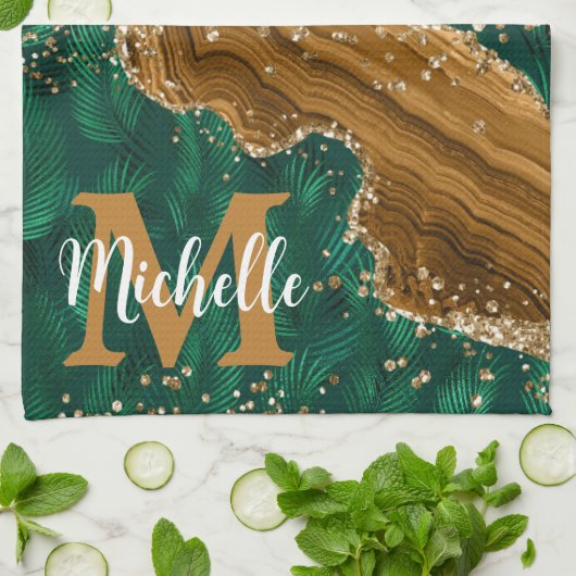 Groen en goud Safari Animal Glitter Agate Monogram Theedoek (Gevouwen)