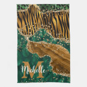Groen en goud Safari Animal Glitter Agate Monogram Theedoek (Verticaal)