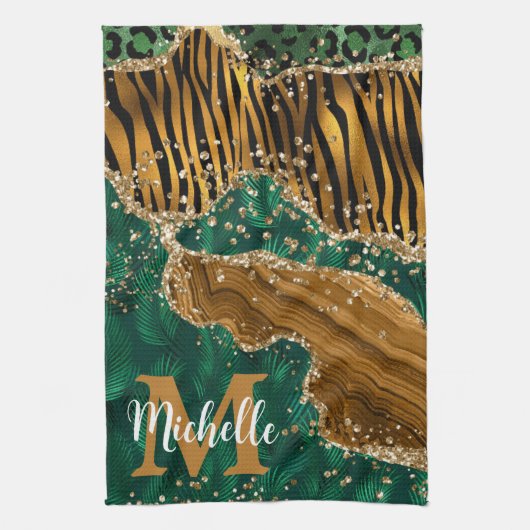 Groen en goud Safari Animal Glitter Agate Monogram Theedoek (Verticaal)