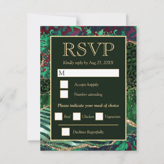 Groen en goud Safari Dierlijk Glitter Agate Weddin RSVP Kaartje (Voorkant)