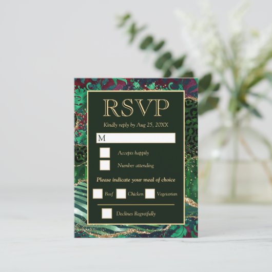 Groen en goud Safari Dierlijk Glitter Agate Weddin RSVP Kaartje (Staand voorkant)