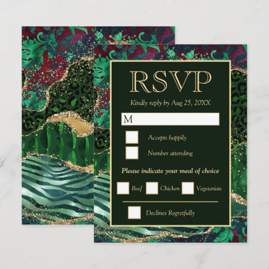 Groen en goud Safari Dierlijk Glitter Agate Weddin RSVP Kaartje (Voorkant / Achterkant)