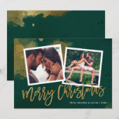 Groen en Goud Script Vrolijk Kerstfeest 2 Foto Feestdagenkaart (Voorkant / Achterkant)
