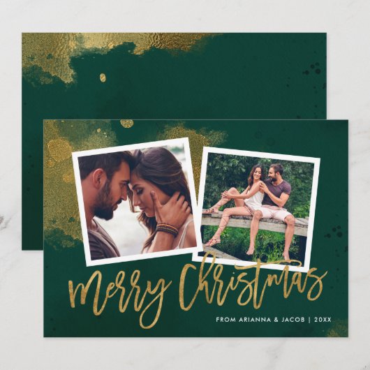 Groen en Goud Script Vrolijk Kerstfeest 2 Foto Feestdagenkaart (Voorkant / Achterkant)