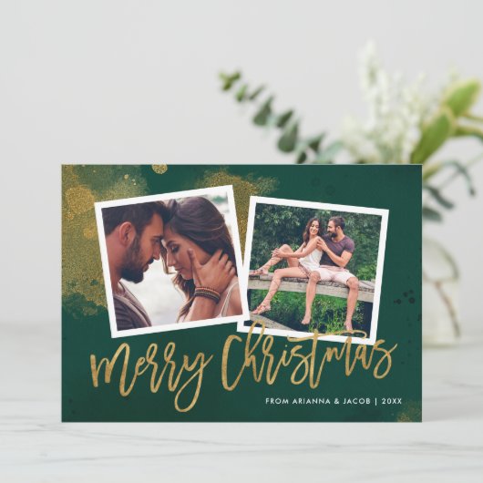 Groen en Goud Script Vrolijk Kerstfeest 2 Foto Feestdagenkaart (Staand voorkant)
