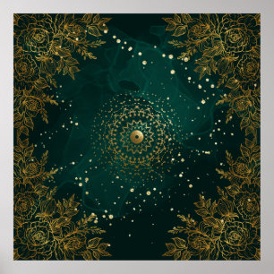 Groen en goud sierlijk bloemmotief  poster