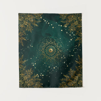Groen en goud sierlijk bloemmotief wandkleed