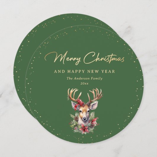 Groen en Goud Sneeuw Herten Vrolijk Kerstfeest Feestdagenkaart (Voorkant / Achterkant)
