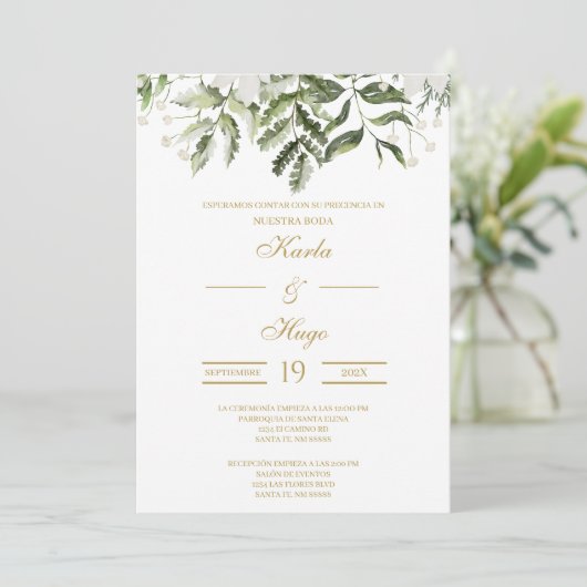 Groen en Goud Spaanse Bruiloft Uitnodiging (Staand voorkant)