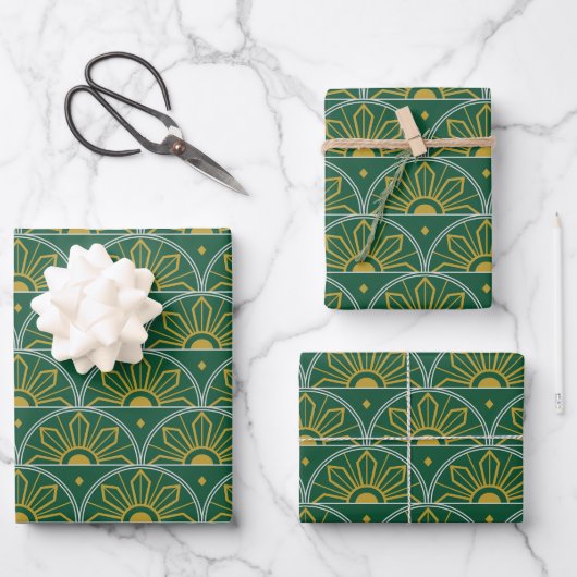 Groen en Goud Sunburst Art Deco Giftwrap Inpakpapier Vel (Voorkant)