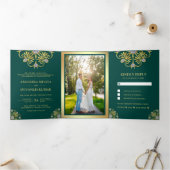 Groen en Goud Traditionele Mandala Indiase bruilof Drieluik Uitnodiging (Binnen)