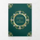 Groen en Goud Traditionele Mandala Indiase bruilof Drieluik Uitnodiging (Cover)