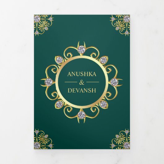 Groen en Goud Traditionele Mandala Indiase bruilof Drieluik Uitnodiging (Cover)