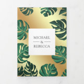 Groen en Goud Tropisch Monstera Verlaat Bruiloft Drieluik Uitnodiging (Cover)
