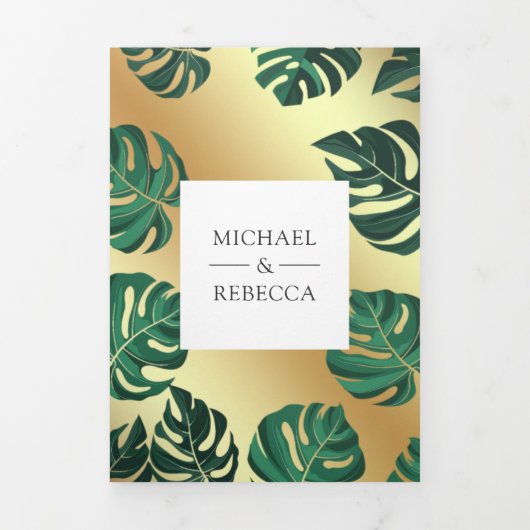 Groen en Goud Tropisch Monstera Verlaat Bruiloft Drieluik Uitnodiging (Cover)