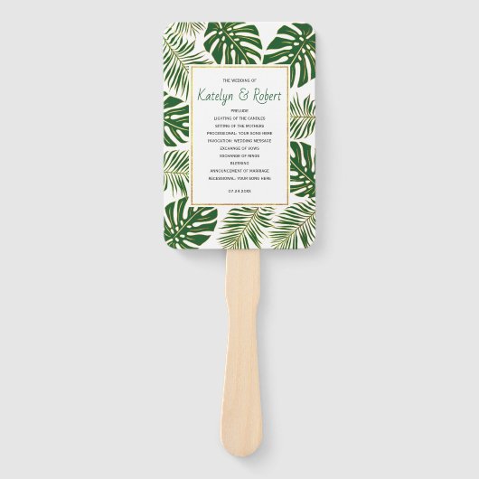 Groen en goud tropische bladeren bruiloft programm handwaaier (Voorkant)