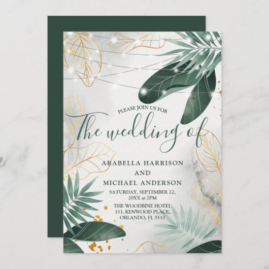Groen en goud Tropische bruiloft Kaart (Voorkant / Achterkant)